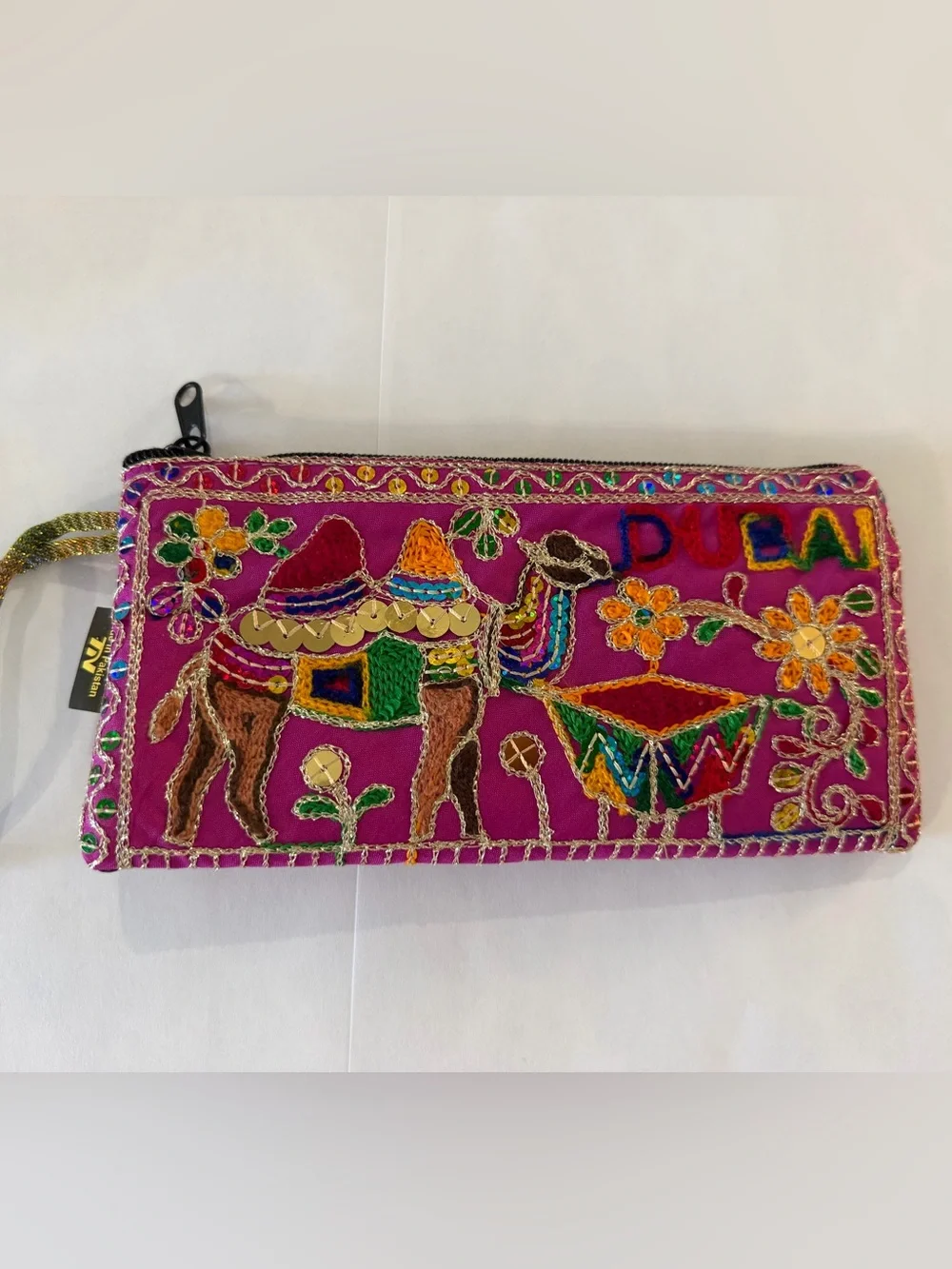 Vibrant Magenta Pink Embroidered Camel Wristlet Pouch – Dubai Souvenir Clutch